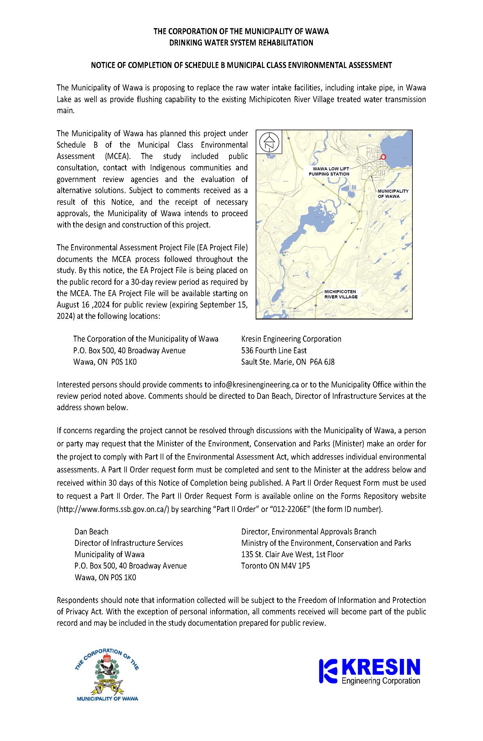 Wawa Drinking Water System Rehabilitation - Notice of Completion